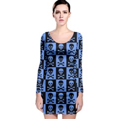 Blue Skull Checkerboard Long Sleeve Bodycon Dresses by ArtistRoseanneJones