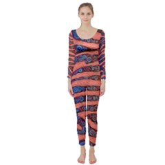 Florescent Orange Blue Zebra Abstract  Long Sleeve Catsuit by OCDesignss