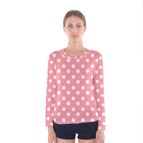 Coral And White Polka Dots Women s Long Sleeve T-shirts by GardenOfOphir