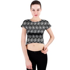 Black And White Gerbera Daisy Vector Tile Pattern Crew Neck Crop Top by GardenOfOphir