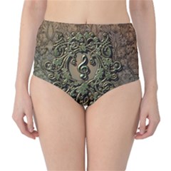 Elegant Clef With Floral Elements On A Background With Damasks High-waist Bikini Bottoms by FantasyWorld7