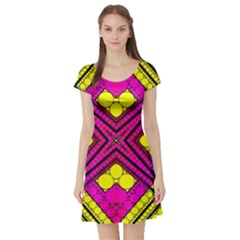 Florescent Pink Yellow Abstract  Short Sleeve Skater Dresses by OCDesignss