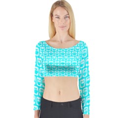 Aqua Turquoise And White Owl Pattern Long Sleeve Crop Top by GardenOfOphir