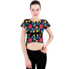 Colorful Triangles And Flowers Pattern Crew Neck Crop Top by LalyLauraFLM