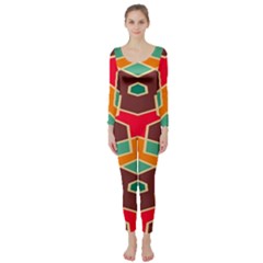 Distorted Shapes In Retro Colors  Long Sleeve Catsuit by LalyLauraFLM