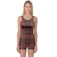 Check Ornate Pattern One Piece Boyleg Swimsuit by dflcprintsclothing