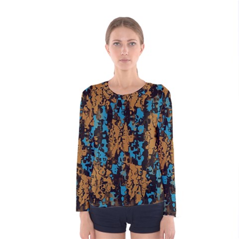 Blue Brown Texture Women Long Sleeve T-shirt by LalyLauraFLM