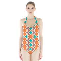 Rhombus Triangles And Other Shapes Women s Halter One Piece Swimsuit by LalyLauraFLM