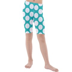 Turquoise Polkadot Pattern Kid s Mid Length Swim Shorts by Zandiepants