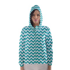 Turquoise And White Zigzag Pattern Hooded Wind Breaker (women) by Zandiepants