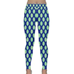 Mod Retro Green Circles On Blue Yoga Leggings by BrightVibesDesign