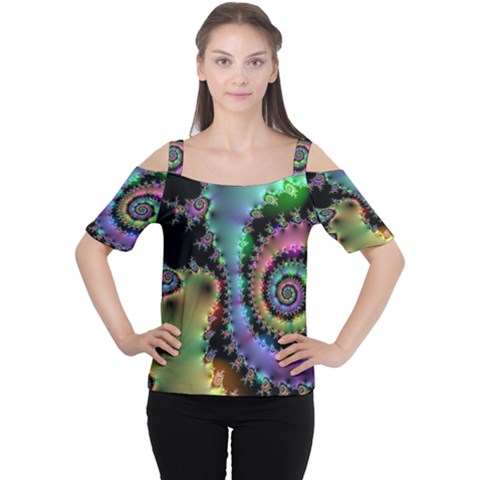 Satin Rainbow, Spiral Curves Through The Cosmos Women s Cutout Shoulder Tee by DianeClancy