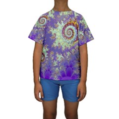 Sea Shell Spiral, Abstract Violet Cyan Stars Kid s Short Sleeve Swimwear by DianeClancy