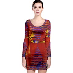 Conundrum Iii, Abstract Purple & Orange Goddess Long Sleeve Bodycon Dress by DianeClancy