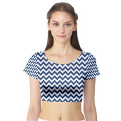 Navy Blue & White Zigzag Pattern Short Sleeve Crop Top (tight Fit) by Zandiepants