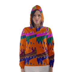 Colorful Wave Orange Abstract Hooded Wind Breaker (women) by BrightVibesDesign