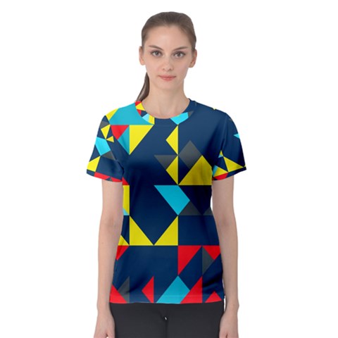Colorful Shapes On A Blue Background                                        Women s Sport Mesh Tee by LalyLauraFLM