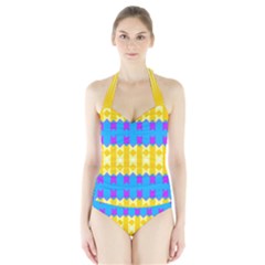 Rhombus And Other Shapes Pattern                                          Women s Halter One Piece Swimsuit by LalyLauraFLM