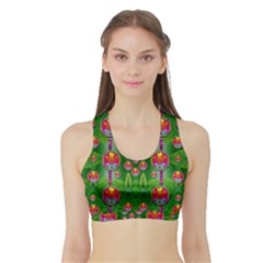 Orchid Forest Filled Of Big Flowers And Chevron Women s Sports Bra With Border by pepitasart