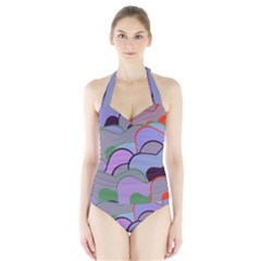 Wavy Shapes Pieces                                                                          Women s Halter One Piece Swimsuit by LalyLauraFLM