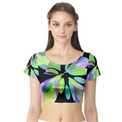 Green Abstract Flower Short Sleeve Crop Top (tight Fit) by Valentinaart