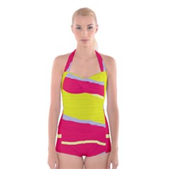 Red And Yellow Design Boyleg Halter Swimsuit  by Valentinaart