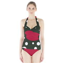 Red, Black And White Abstraction Halter Swimsuit by Valentinaart