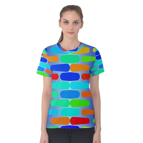 Colorful Shapes On A Blue Background                                                                                       Women s Cotton Tee by LalyLauraFLM