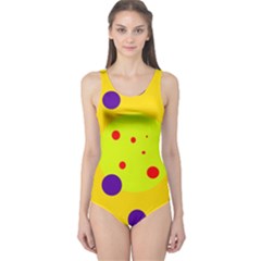 Yellow And Purple Dots One Piece Swimsuit by Valentinaart