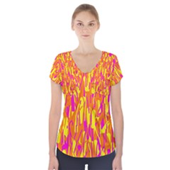 Pink And Yellow Pattern Short Sleeve Front Detail Top by Valentinaart