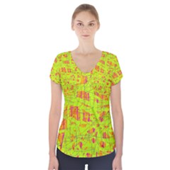 Yellow And Orange Pattern Short Sleeve Front Detail Top by Valentinaart