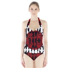 Red, Black And White Decorative Abstraction Halter Swimsuit by Valentinaart