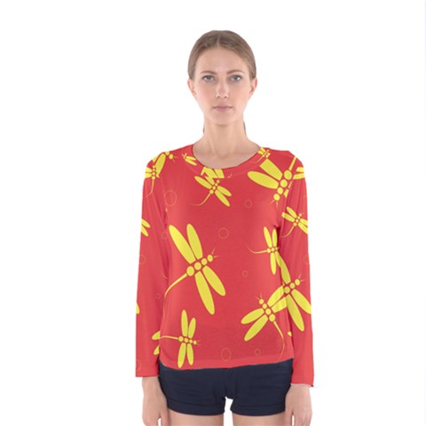 Red And Yellow Dragonflies Pattern Women s Long Sleeve Tee by Valentinaart