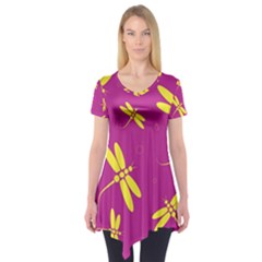 Purple And Yellow Dragonflies Pattern Short Sleeve Tunic  by Valentinaart