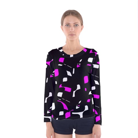 Magenta, Black And White Pattern Women s Long Sleeve Tee by Valentinaart
