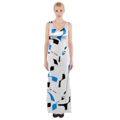 Blue, Black And White Pattern Maxi Thigh Split Dress