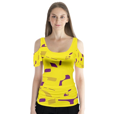 Yellow And Purple Pattern Butterfly Sleeve Cutout Tee  by Valentinaart