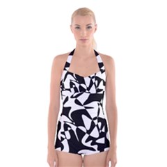 Black And White Elegant Pattern Boyleg Halter Swimsuit  by Valentinaart