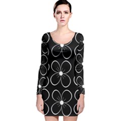 Black And White Floral Pattern Long Sleeve Velvet Bodycon Dress by Valentinaart