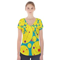 Yellow And Green Decorative Circles Short Sleeve Front Detail Top by Valentinaart