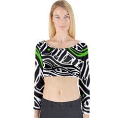 Green, Black And White Abstract Art Long Sleeve Crop Top by Valentinaart