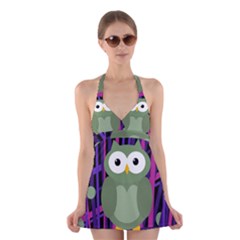 Green And Purple Owl Halter Swimsuit Dress by Valentinaart