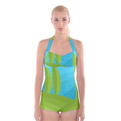 Green And Blue Landscape Boyleg Halter Swimsuit  by Valentinaart