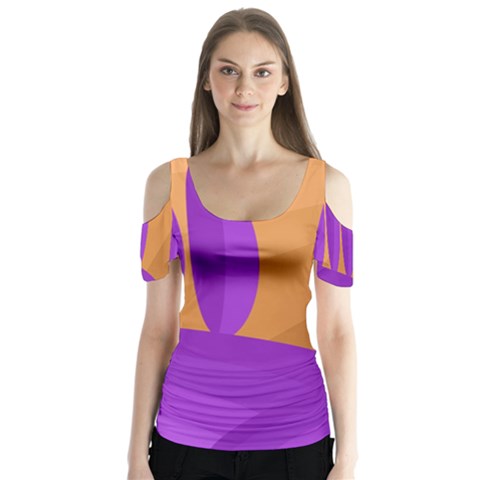 Orange And Purple Landscape Butterfly Sleeve Cutout Tee  by Valentinaart