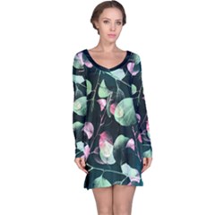 Modern Green And Pink Leaves Long Sleeve Nightdress by DanaeStudio