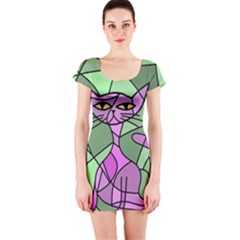 Artistic Cat - Purple Short Sleeve Bodycon Dress by Valentinaart
