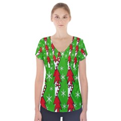 Christmas Pattern - Green Short Sleeve Front Detail Top by Valentinaart