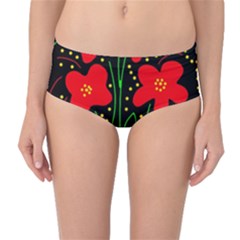 Red Flowers Mid-waist Bikini Bottoms by Valentinaart
