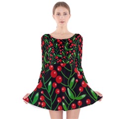 Red Christmas Berries Long Sleeve Velvet Skater Dress by Valentinaart