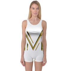 M Monogram Initial Letter M Golden Chic Stylish Typography Gold One Piece Boyleg Swimsuit by yoursparklingshop